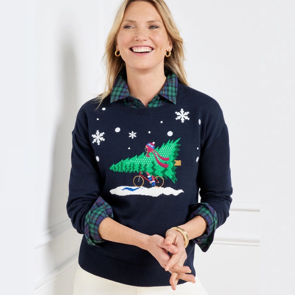 Talbots Christmas‎ Pullover Sweater Navy Blue Womens Size 3X Tree Bike 2023